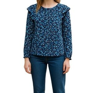 Gap long sleeve blue floral blouse, L, ruffled shoulders, Prairiecore Pretty